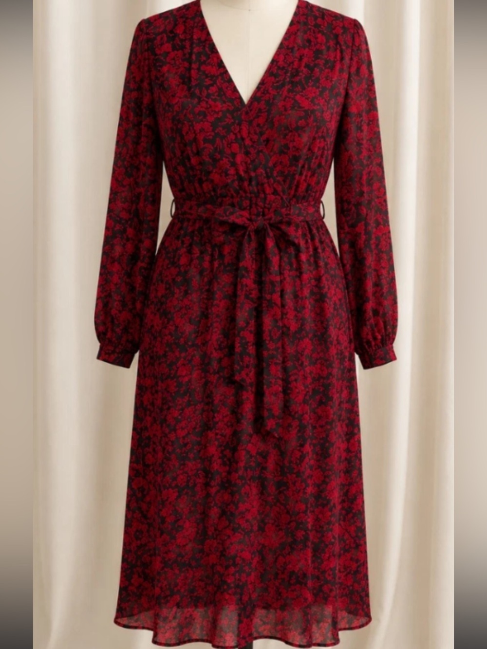 torrid Black & Red Floral Wrap-Style Long Sleeve Midi Dress